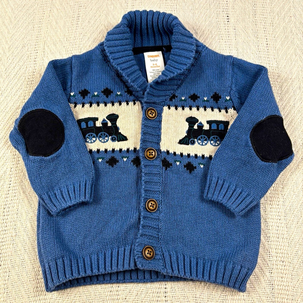 Gymboree Blue Train Knit Cardigan Sweater Shawl Collar 3-6 Months Button